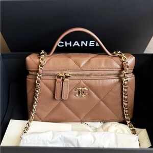 CHANEL Brown Quilted Vanity Bag with Gold Chain Strap